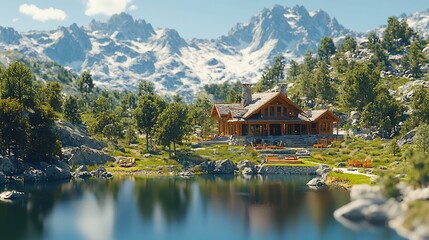 Fototapeta premium Lodge nestles beside a tranquil lake, with majestic mountains in the distance