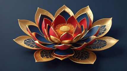 Elegant Lotus: Golden and Red Floral Design on Dark Blue