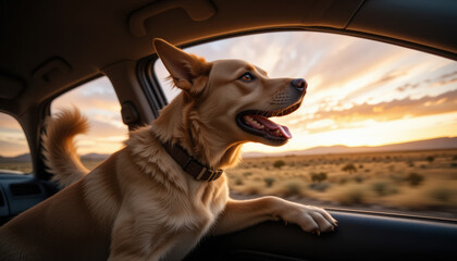 A cute dog rides in the back passenger seat of a car and looks out the window. 