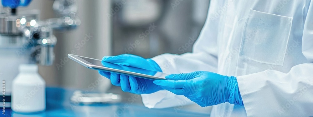 Aufkleber laboratory technician using tablet for research and data analysis