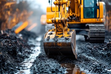 Excavator digging a trench in muddy ground during road construction