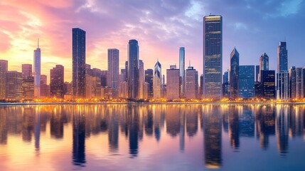 Fototapeta premium Chicago Skyline at Sunrise: A Stunning Reflection