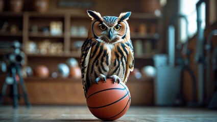A fierce owl perched on a basketball in a gym filled with sports equipment, showcasing determination