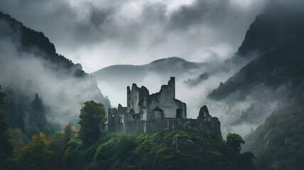Obraz premium An ancient castle hidden deep in a foggy mountain range, surrounded by lush greenery.
