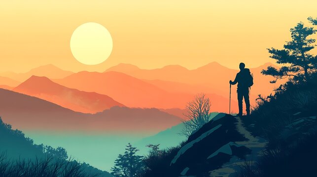 Sunset Trek: A solitary hiker stands atop a rocky peak, overlooking a majestic mountain range as the sun dips below the horizon, casting a warm, orange glow across the landscape.