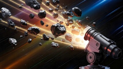 Robotic telescope displaying floating asteroids with glowing trails and colorful streaks