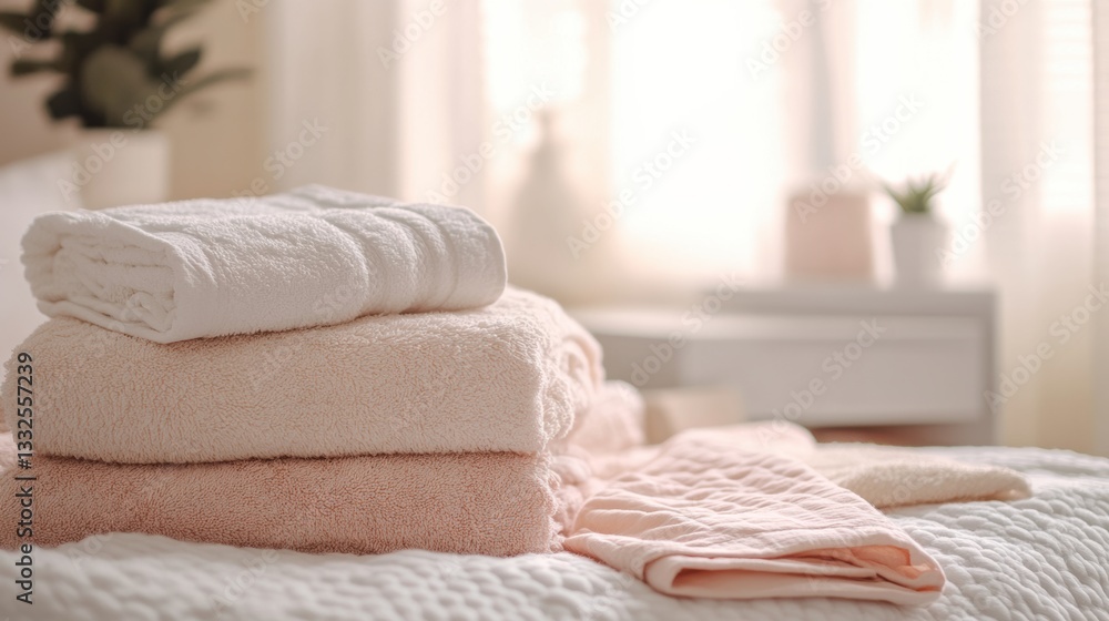 Aufkleber soft sunlight fills a cozy bedroom with a neat pile of freshly washed towels and bed linens arranged