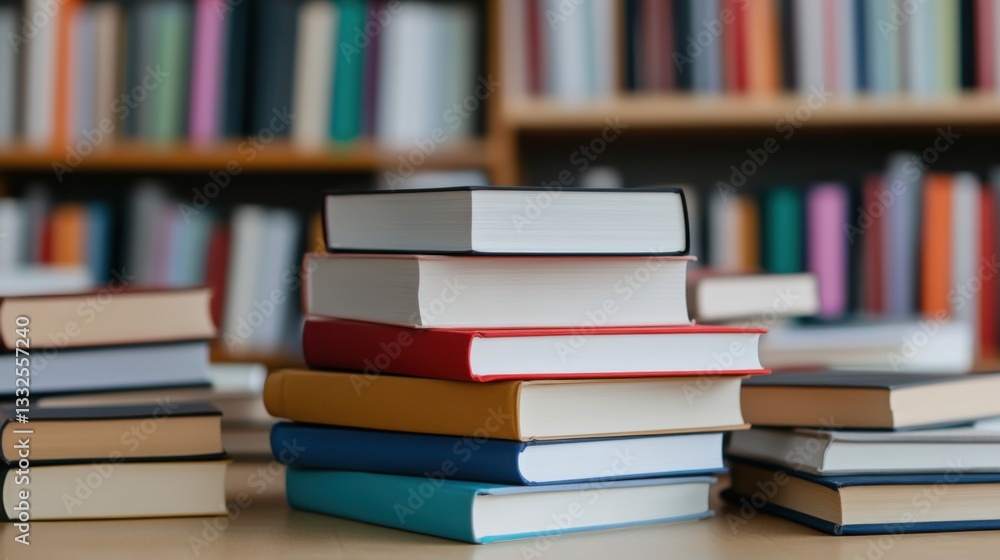 Poster stacks of unlabeled books on a table with a blurred bookshelf background in a cozy library setting