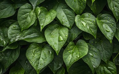 Lush Green Leaves with Dew Drops, Nature Background