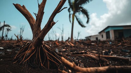 Obraz premium Devastated landscape with uprooted trees and a damaged building.