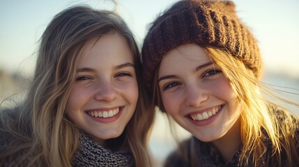 Two young women share a warm smile, radiating joy and connection.
