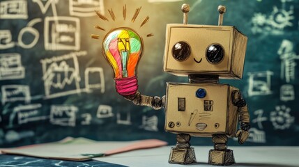 sketch of cute robot holding glowing light bulb creative idea illustration