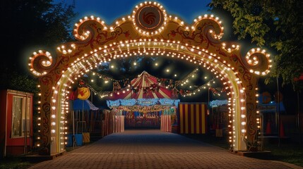 Obraz premium A brightly lit carnival entrance at night, inviting visitors to enjoy the festivities.