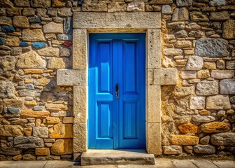 Vibrant Blue Door Rustic Stone Wall Architectural Photography - High Depth of Field