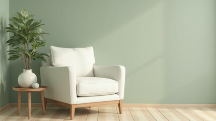 Fototapeta premium cozy living room scene featuring white armchair, small wooden table, and potted plant against green wall. Perfect for relaxation