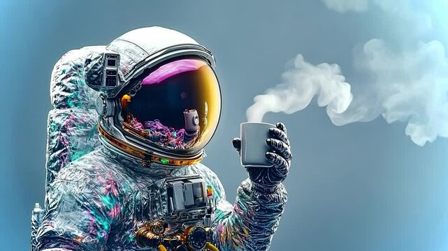 Astronaut enjoying a hot beverage in a surreal cosmic setting with steam rising