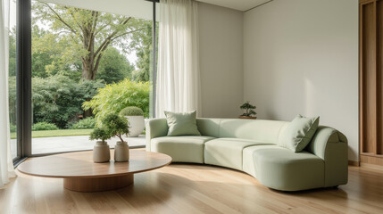 Fototapeta premium modern living room featuring green curved sofa, wooden coffee table, and large windows with garden view, creating serene atmosphere