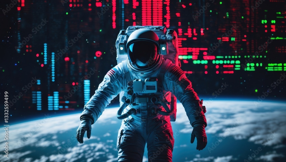 Poster an astronaut in a futuristic space scene, set against a vibrant digital backdrop with glowing patter