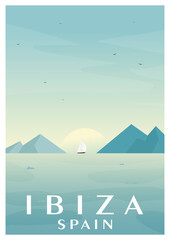 Mediterranean islands vector illustration. Vintage travel poster Ibiza Spain, tropical resort, beach. Balearic Islands