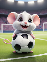 White mouse soccer player standing on field with ball.