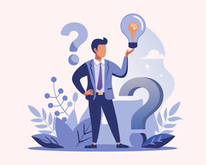 Question and answer, q and a or solution to solve problem, FAQ frequently asked question, help or creative thinking idea concept, smart businessman holding question mark sign and lightbulb solution.
