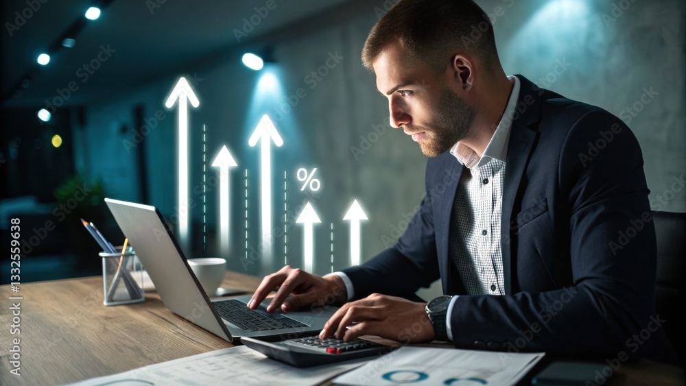 Poster data driven ascent: a focused professional delves into data analysis on a laptop, surrounded by upwa