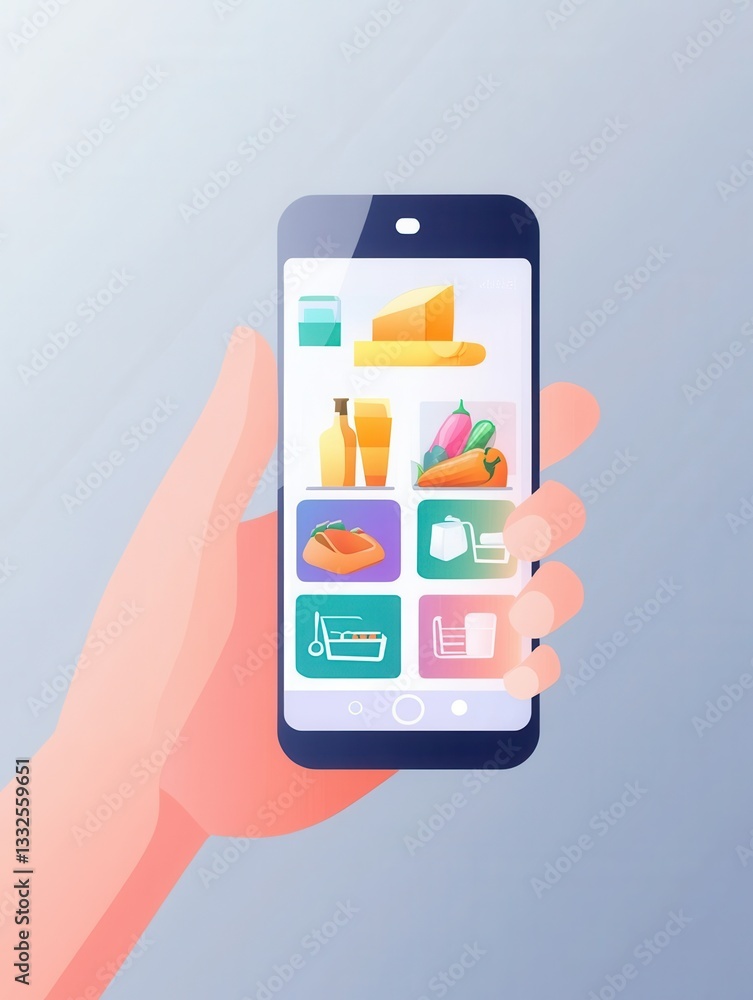 Aufkleber Modern illustration of a hand holding a smartphone displaying a grocery shopping application with a sleek user interface design