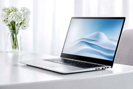 Modern silver laptop showing abstract blue background on white desk - Powered by Adobe