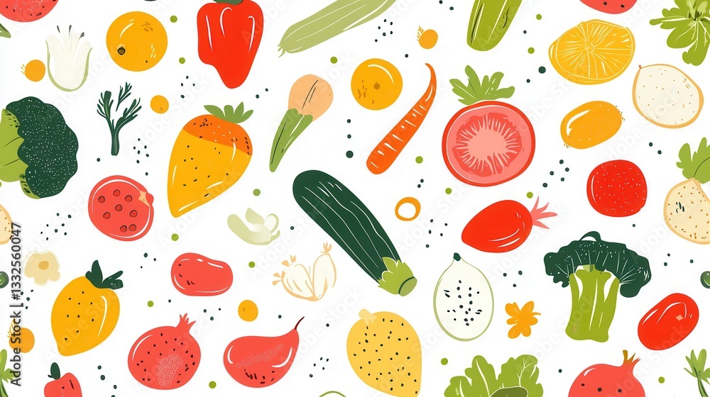 Aufkleber colorful seamless pattern of fresh vegetables and fruits in modern flat style featuring various shap