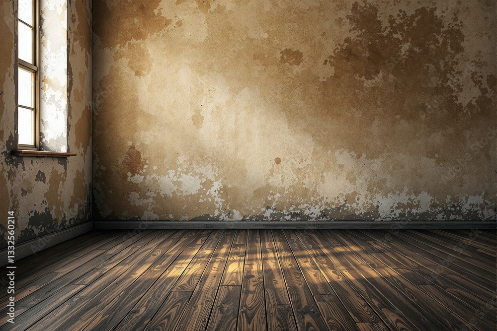 Poster rustic room interior with a wooden floor and a weathered wall illuminated by soft window light.