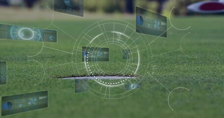 Digital interface animation over golf course green with circular graphics - Powered by Adobe