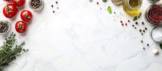  Flat lay of a white marble kitchen counter with food ingredients like tomatoes, herbs, and spices on the sides.