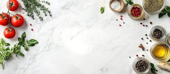  Flat lay of a white marble kitchen counter with food ingredients like tomatoes, herbs, and spices on the sides.