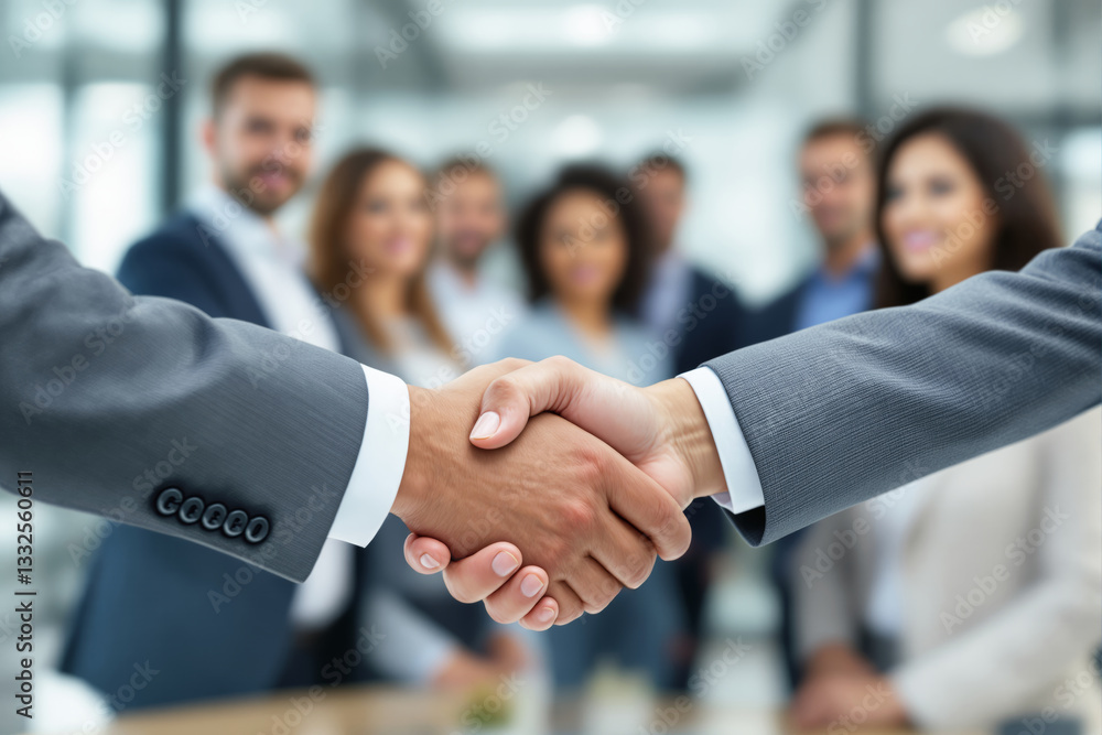 Poster close-up of two hands shaking in business suits with blurred group background.