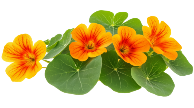 Nasturtium flowers and leaves on transparent background
