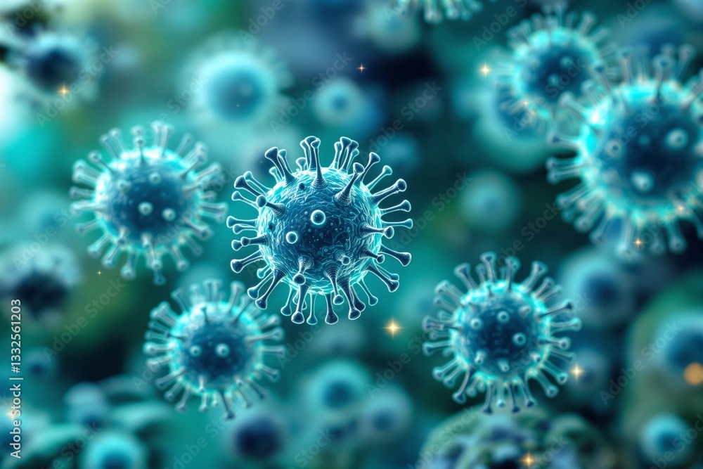 Poster abstract microscopic viral particles, glowing blue, floating with a blurred background.
