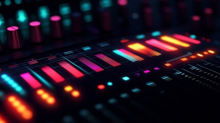 A neon colored control panel with illuminated indicators and knobs