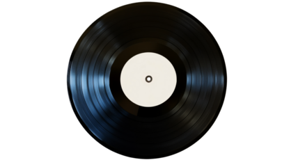 Black vinyl record with blank white label on transparent background
