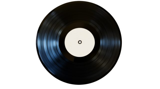 Black vinyl record with blank white label on transparent background