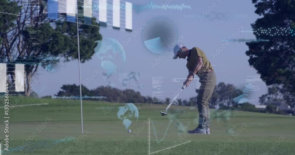 Poster golfer putting on green with digital data and world map animation overlay