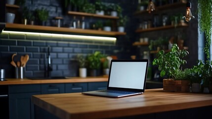 Laptop Displaying on Kitchen Island, Blending Modernity with Natural Elements