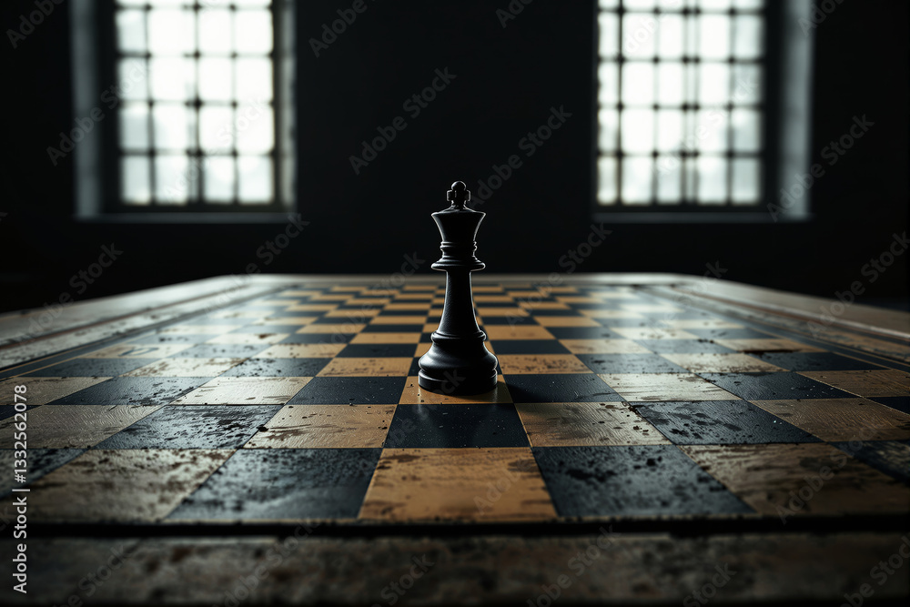 Poster chess king on a rustic chessboard in dimly lit room.