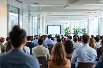 Business conference with speaker and audience in modern office.