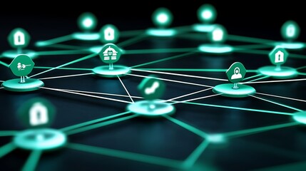 Networked icons connected by lines representing technological interconnectedness and systems