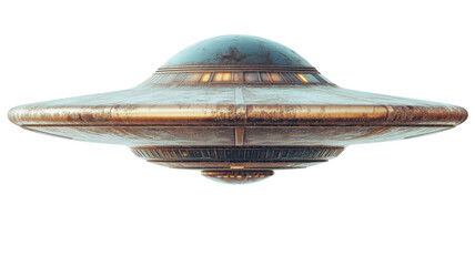 Rusty ufo flying saucer hovering with transparent background