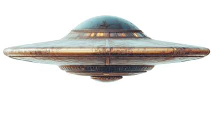 Rusty ufo flying saucer hovering with transparent background
