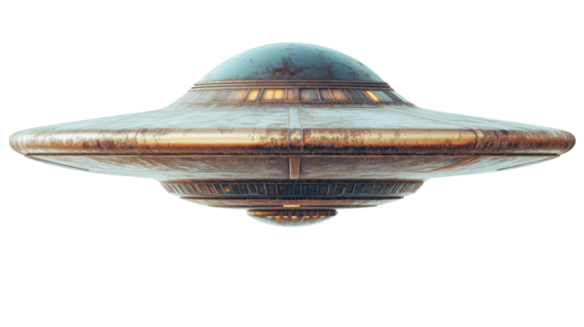Rusty ufo flying saucer hovering with transparent background