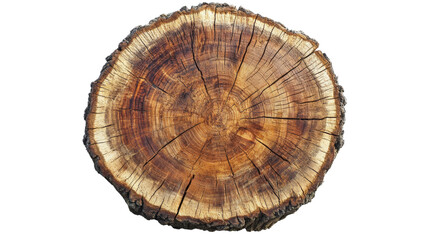 Cross section of tree trunk showing growth rings on transparent background