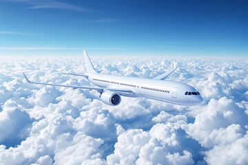 Obraz premium Commercial airplane flying above clouds in blue sky.