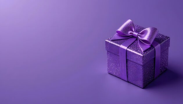 A Shimmering Purple Gift Box, Elegantly Tied With A Satin Ribbon, Sits On A Matching Background, Promising Joy And Anticipation A Subtle Sparkle Adds A Touch Of Magic